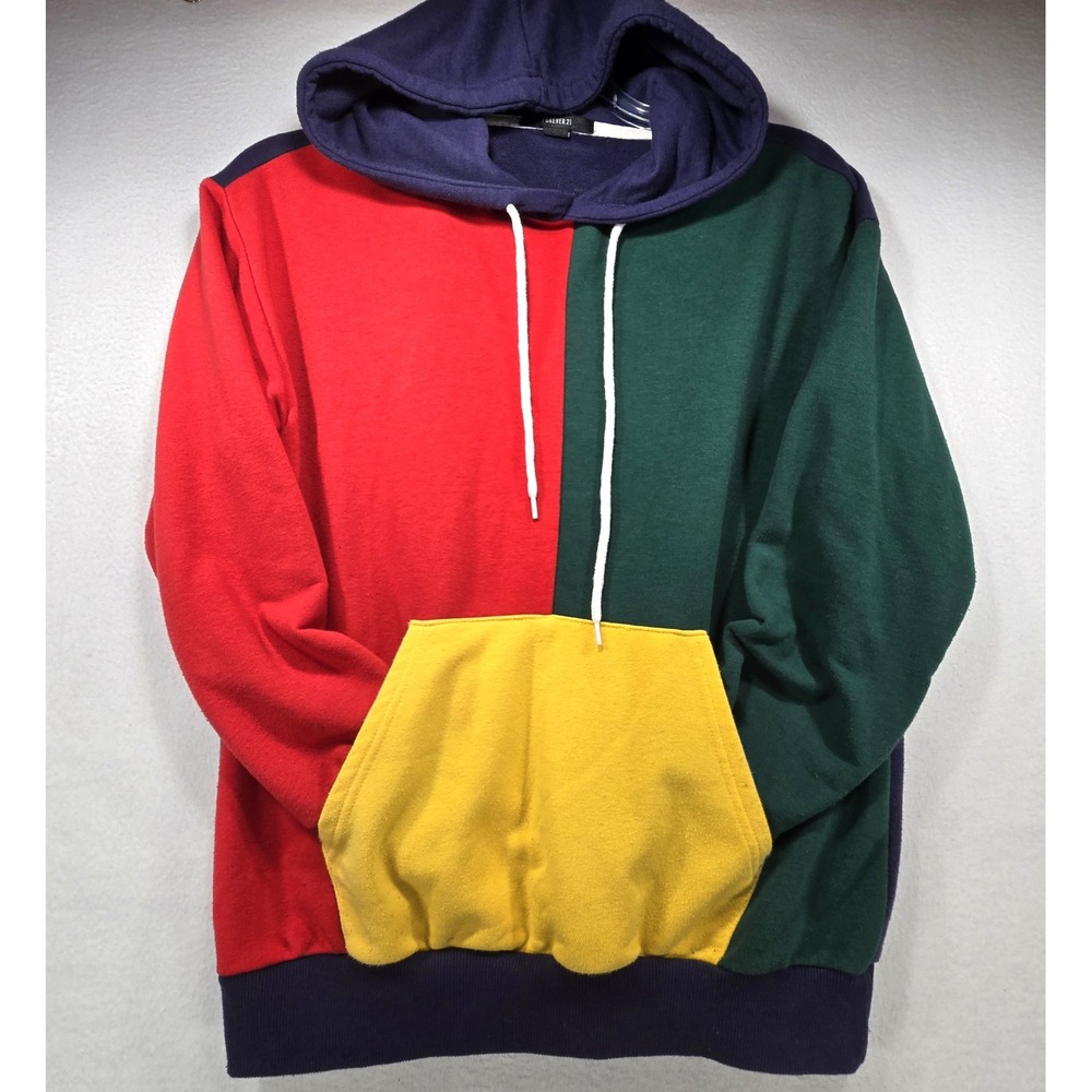 Forever 21 Mens Small Colorblock Hoodie Red Green Yellow Navy Blue Pullover